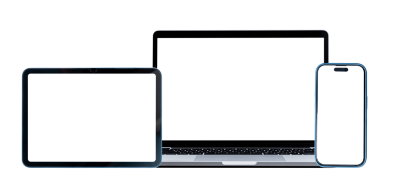 Set of smart devices smartphone, tablet and laptop with blank screen isolated on transparent background, PNG Format