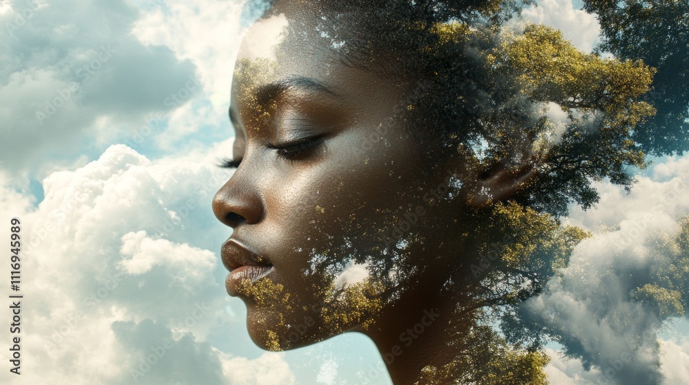 Aufkleber A profile captures the essence of a young woman, her features softly merging with clouds and trees, creating a serene and dreamlike atmosphere. Nature interweaves with her beauty in harmony