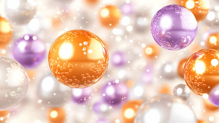 Abstract background with floating glossy spheres in orange, purple, and white.