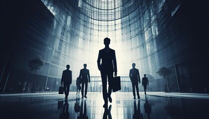 A businessperson walking through a corporate lobby, silhouette, action photography, aesthetics,