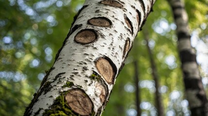 Trunk of a young birch tree in garden. Tree bark trunk a tree in forest. Environmental conservation. Bokeh