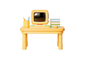 3d rendering cartoon computer desk and  books element