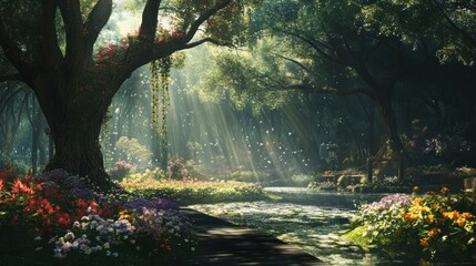 Obraz premium Sunbeams illuminate a magical forest path, flowers, stream, and lush greenery.