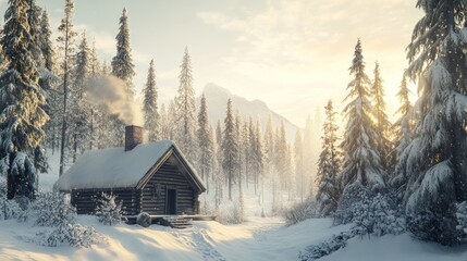 Cozy log cabin nestled in a snowy, sunlit winter forest.