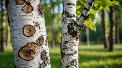 Naklejka premium Trunk of a young birch tree in garden. Tree bark trunk a tree in forest. Environmental conservation. Bokeh