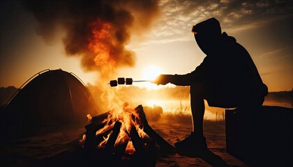 A camper roasting marshmallows over an open fire, silhouette, action photography, aesthetics,