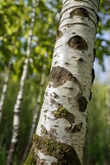 Trunk of a young birch tree in garden. Tree bark trunk a tree in forest. Environmental conservation. Bokeh
