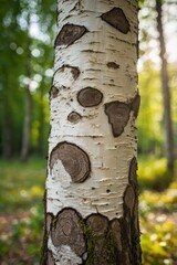 Trunk of a young birch tree in garden. Tree bark trunk a tree in forest. Environmental conservation. Bokeh