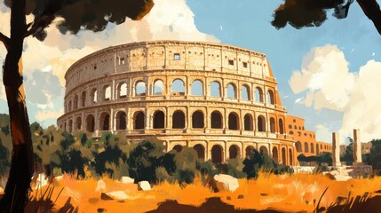 A vibrant illustration of the Colosseum surrounded by nature.