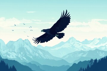 Obraz premium An eagle soaring over majestic mountains in a tranquil landscape.