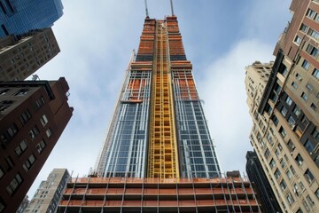 Fototapeta premium A tall building under construction with scaffolding and cranes visible.