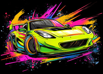 Urban style modern t-shirt  design with sport car. Sport extreme grunge  illustration for guys on black background. Graffiti words and street art