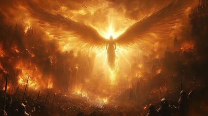 divine angelic figure descends upon chaotic battlefield with heavenly army in apocalyptic war