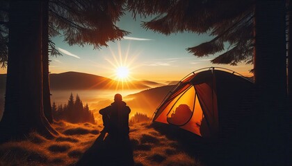 A camper watching the sunrise from a tent, silhouette, action photography, aesthetics,