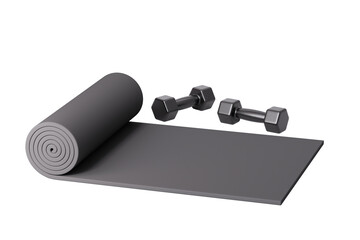 3d rendering Yoga mat and dumbbells