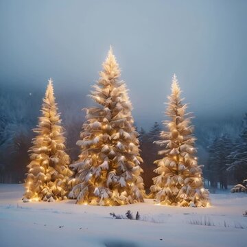 Lighted Pine Trees in the Forest at Christmas