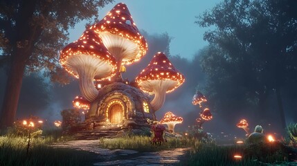 Fototapeta premium Enchanting mushroom house in a mystical forest at night, glowing with soft light, figures approach.