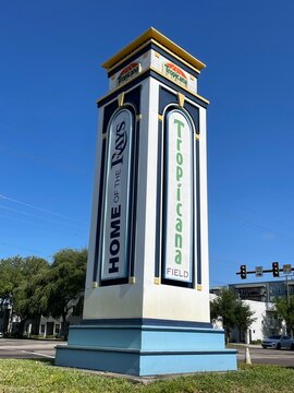 A sign shaped like a pillar mars the entrance to Tropicana Field, home of the Tampa Bay Rays baseball team in St Petersburg, Florida