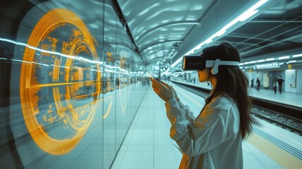 Woman in VR Headset on Subway Platform: Futuristic commuter explores virtual reality on a modern subway platform.  A blend of digital and urban landscapes. 