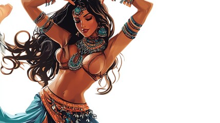 a 2D cartoon illustration of a belly dancer performing with finger cymbals, rhythmic and exotic, white background--ar 16:9