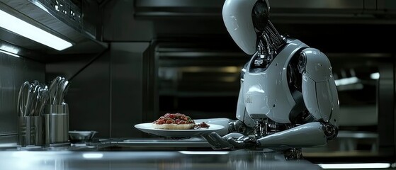 A humanoid robot presents a plate of pasta in a modern kitchen setting.