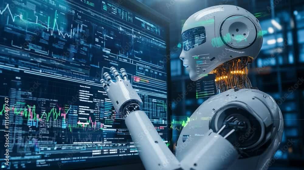 Poster advanced ai robot analyzing data in a futuristic control center with high-resolution digital display
