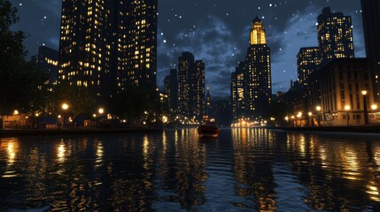 Obraz premium Night Cityscape: Illuminated Skyscrapers Reflecting on Calm Water