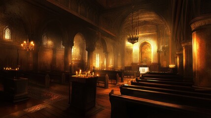 Obraz premium Candlelit Cathedral Interior: A Serene Sanctuary