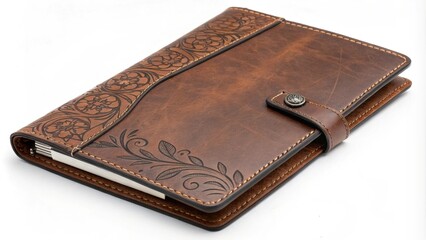 Brown leather notebook featuring an intricate floral design, a metal snap closure, and visible stitching, resting on a white background