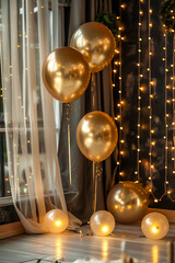 Festive New Year's Eve Setup with Balloons and Twinkling Lights.