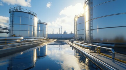 Obraz premium Reflective Industrial Landscape: Large Storage Tanks at Refinery