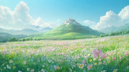 Obraz premium Enchanted Meadow: Fairytale Castle Amidst a Blooming Wildflower Field