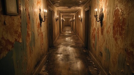 Fototapeta premium Dark, long, dimly lit hallway in an abandoned building with peeling paint and candle sconces.