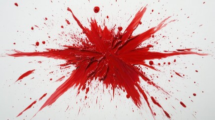 Abstract red paint splatter explosion on white background.