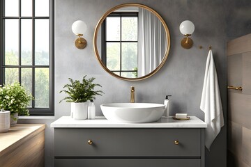 Elegant Modern Bathroom with Gray Vanity, Gold Accents, and Round Mirror Featuring Minimalist Decor and Natural Light.
