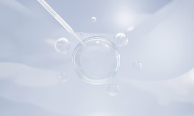 Science cosmetic, 3D Collagen serum and vitamin hyaluronic acid skin care solutions with cosmetic advertising background.