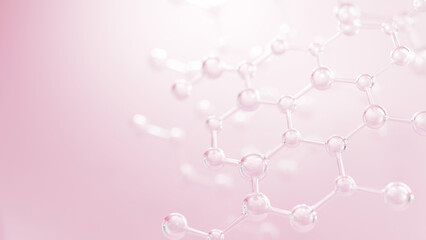 Science cosmetic, 3D Collagen serum and vitamin hyaluronic acid skin care solutions with cosmetic advertising background.