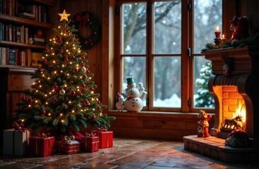 Obraz premium fireplace, winter, snow, snowfall, candles, gifts, pine, spruce, tinsel, toys, colorful balls, lights, two armchairs, fireplace, fire in the fireplace, Christmas, free space for text