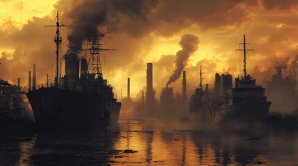 Naklejka premium Apocalyptic industrial harbor at sunset, ships and factories emitting smoke.