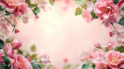 Obraz premium Beautiful pink floral frame background with space for text or photo, pastel flowers border on a soft light background