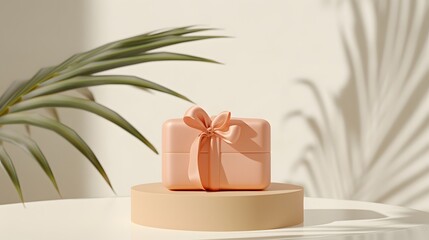 Gift box display with bow and palm leaves minimalist home decor indoor setting elegant design