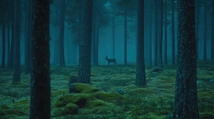 Fototapeta premium Solitary deer in a misty, dark forest at twilight.