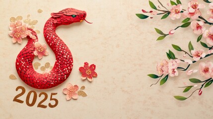 Obraz premium Chinese New Year background. Happy new year. Traditional Chinese elements. Red paper fans, Tangerines, green snake, dragon, pink plum blossoms and gold ingots. Chinese New Year frame. Copy space 