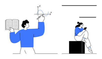 Man drawing mathematical graph holding book, woman reading phone seated on cube, embodying education and technology. Ideal for learning, analysis, digital study, data visualization, academic content