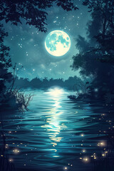 Moonlit River Water with Shimmering Reflections and Gentle Ripples.