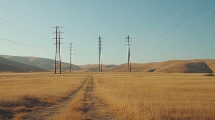 Rural landscape with power lines and dirt road.