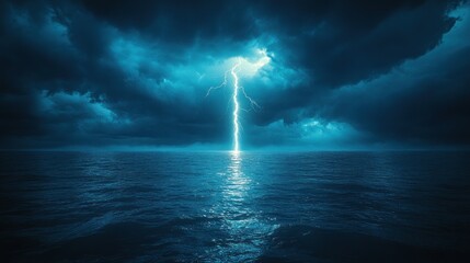 Dramatic lightning strike over dark ocean at night.