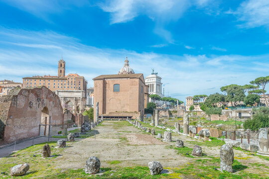 The Roman Forum or Foro Romano, with the ruins of ancient Roman Empire government buildings, as the Senate House, offices, tribunals, temples, and statues gradually cluttered the area. Rome. 2017