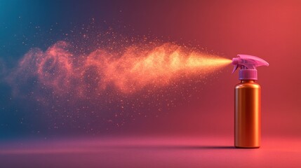 Gold spray bottle spraying a vibrant orange mist against a colorful background.