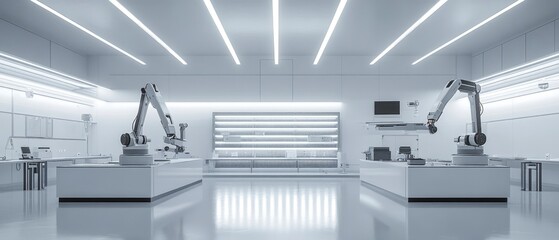 A modern robotic workspace with automated arms in a sleek, minimalist environment.